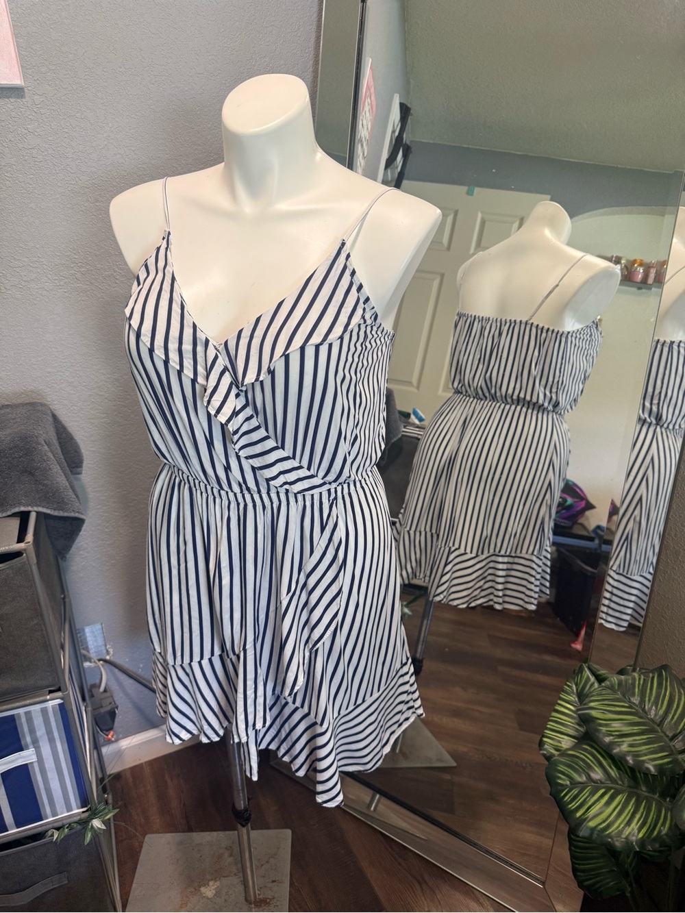 Express White and Navy Striped Midi Dress